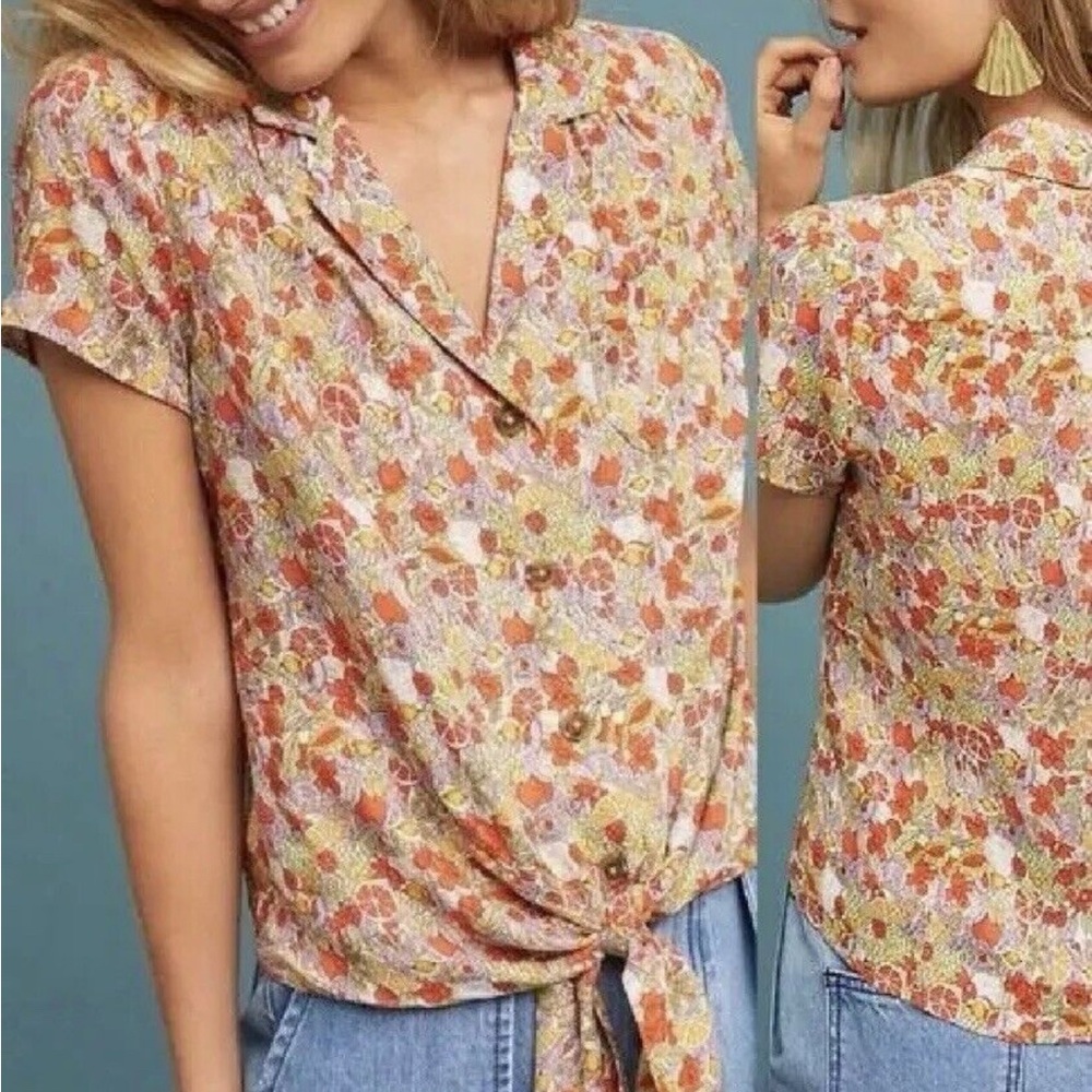 Maeve Anthropologie Citrus Novelty Print Button Front Tie Waist Top.